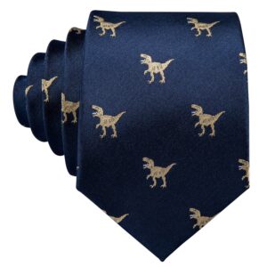 Barry.Wang Men Tie Set Dinasour Navy Gold Silk Necktie Pocket Square Cufflinks Formal Wedding Party Business Festival