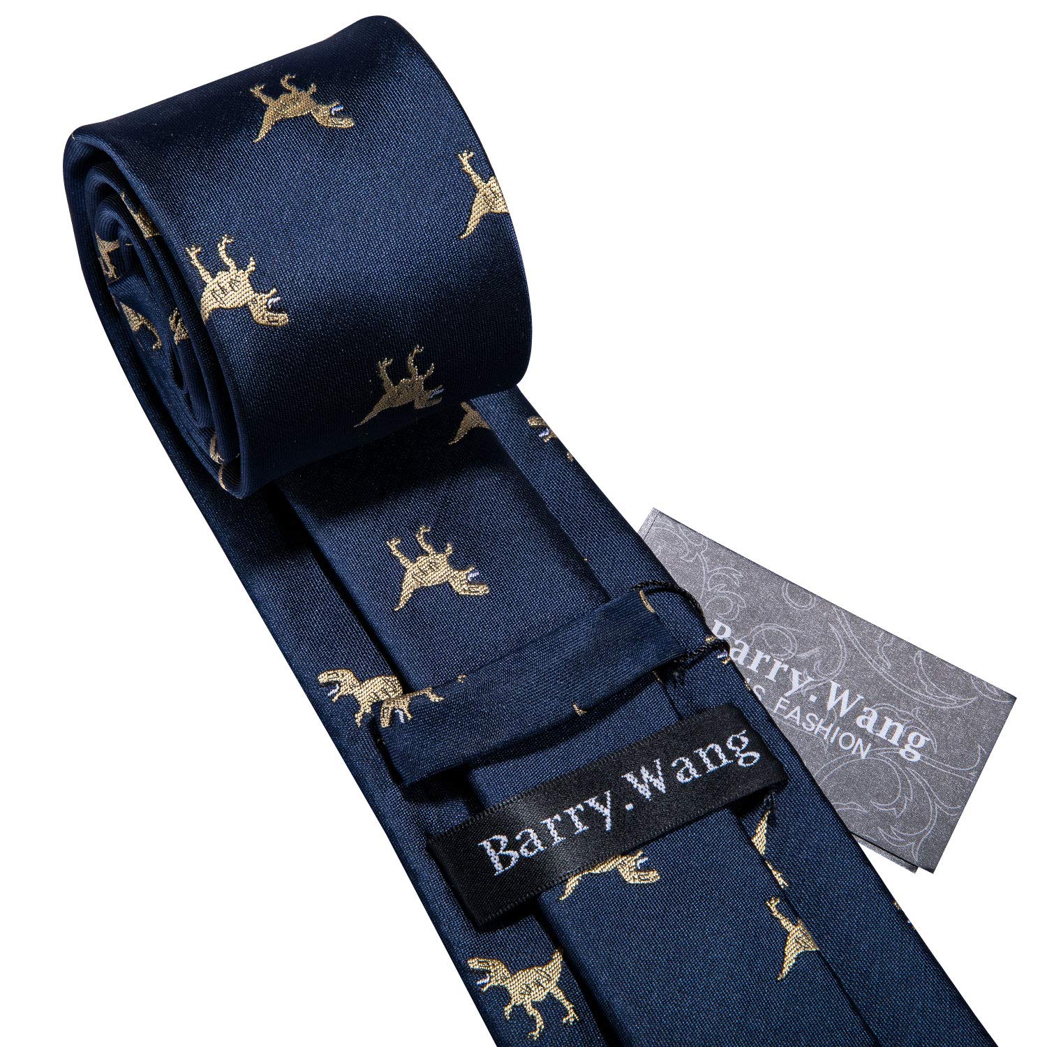 Barry.Wang Men Tie Set Dinasour Navy Gold Silk Necktie Pocket Square Cufflinks Formal Wedding Party Business Festival