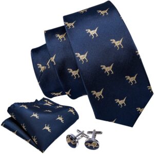 Barry.Wang Men Tie Set Dinasour Navy Gold Silk Necktie Pocket Square Cufflinks Formal Wedding Party Business Festival