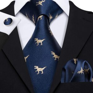 Barry.Wang Men Tie Set Dinasour Navy Gold Silk Necktie Pocket Square Cufflinks Formal Wedding Party Business Festival