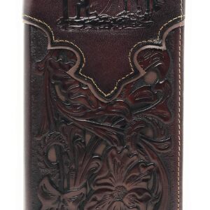 Texas West Genuine Leather Basketweave Floral Tooled Praying Cowboy Mens Long Bifold Wallet 2 colors (Coffee)