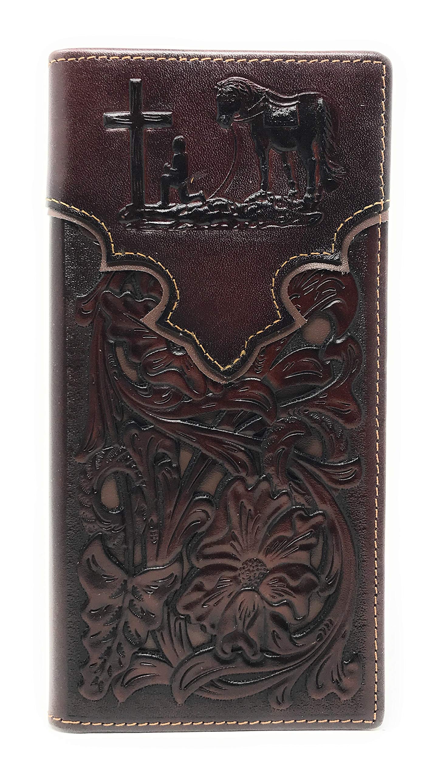 Texas West Genuine Leather Basketweave Floral Tooled Praying Cowboy Mens Long Bifold Wallet 2 colors (Coffee)