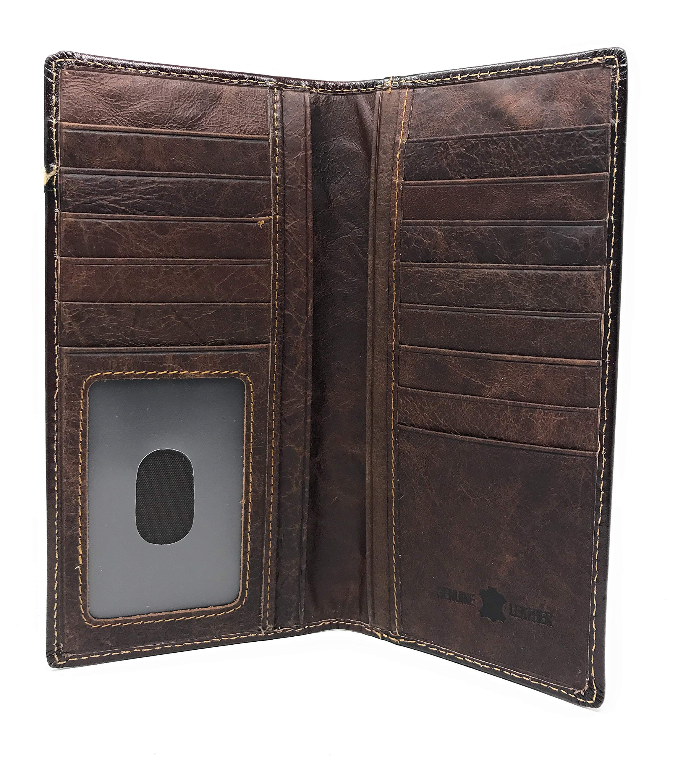 Texas West Genuine Leather Basketweave Floral Tooled Praying Cowboy Mens Long Bifold Wallet 2 colors (Coffee)