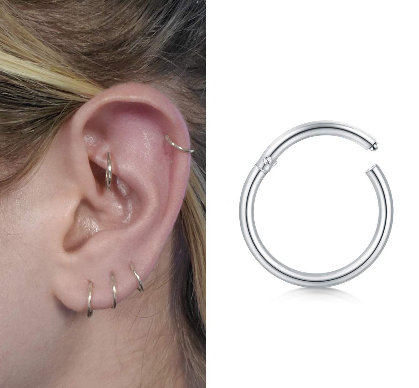 QWALIT Cartilage Earrings Hoop 16G Helix Daith Tragus Piercing Jewelry Stainless Steel CBR Hinged Clicker Septum Ring CZ Sleeper Hoop Earrings