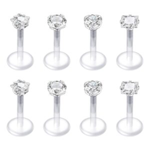 QWALIT 16G Clear Lip Rings Studs Plastic Cartilage Tragus Earrings Retainer for Work Cubic Zirconia Bioflex Medusa Labret Piercing Jewelry 6mm 8mm 10mm 12mm