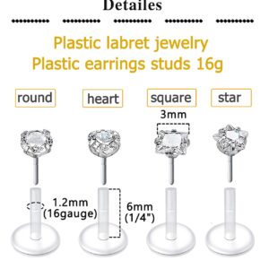 QWALIT 16G Clear Lip Rings Studs Plastic Cartilage Tragus Earrings Retainer for Work Cubic Zirconia Bioflex Medusa Labret Piercing Jewelry 6mm 8mm 10mm 12mm