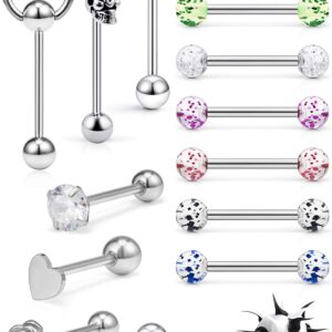 Hoeudjo 13Pcs 14G Surgical Steel Tongue Rings Teaser Double Barbell with Slave Ring Body Piercing Jewelry for Women Men 16mm Silver-Tone Heart Diamond Flower