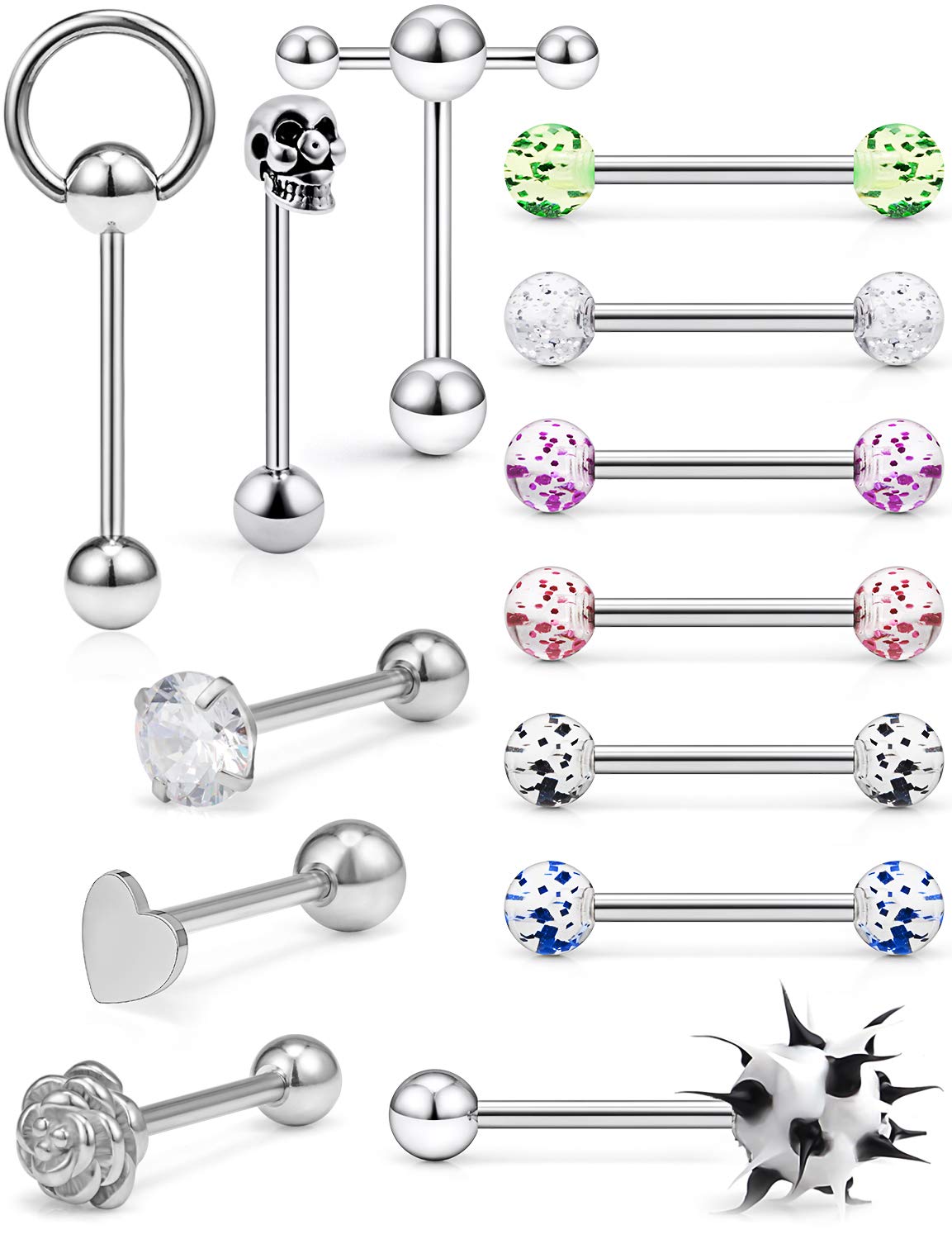 Hoeudjo 13Pcs 14G Surgical Steel Tongue Rings Teaser Double Barbell with Slave Ring Body Piercing Jewelry for Women Men 16mm Silver-Tone Heart Diamond Flower