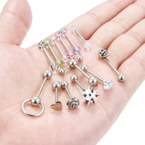 Hoeudjo 13Pcs 14G Surgical Steel Tongue Rings Teaser Double Barbell with Slave Ring Body Piercing Jewelry for Women Men 16mm Silver-Tone Heart Diamond Flower