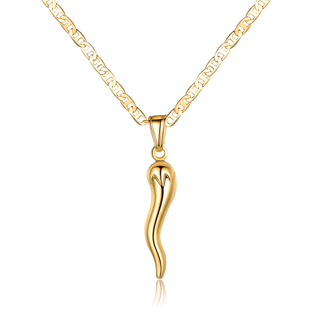 Barzel 18K Gold Plated Flat Marina Chain With Italian Horn Necklace Cornicello - Made In Brazil (18 Inches)