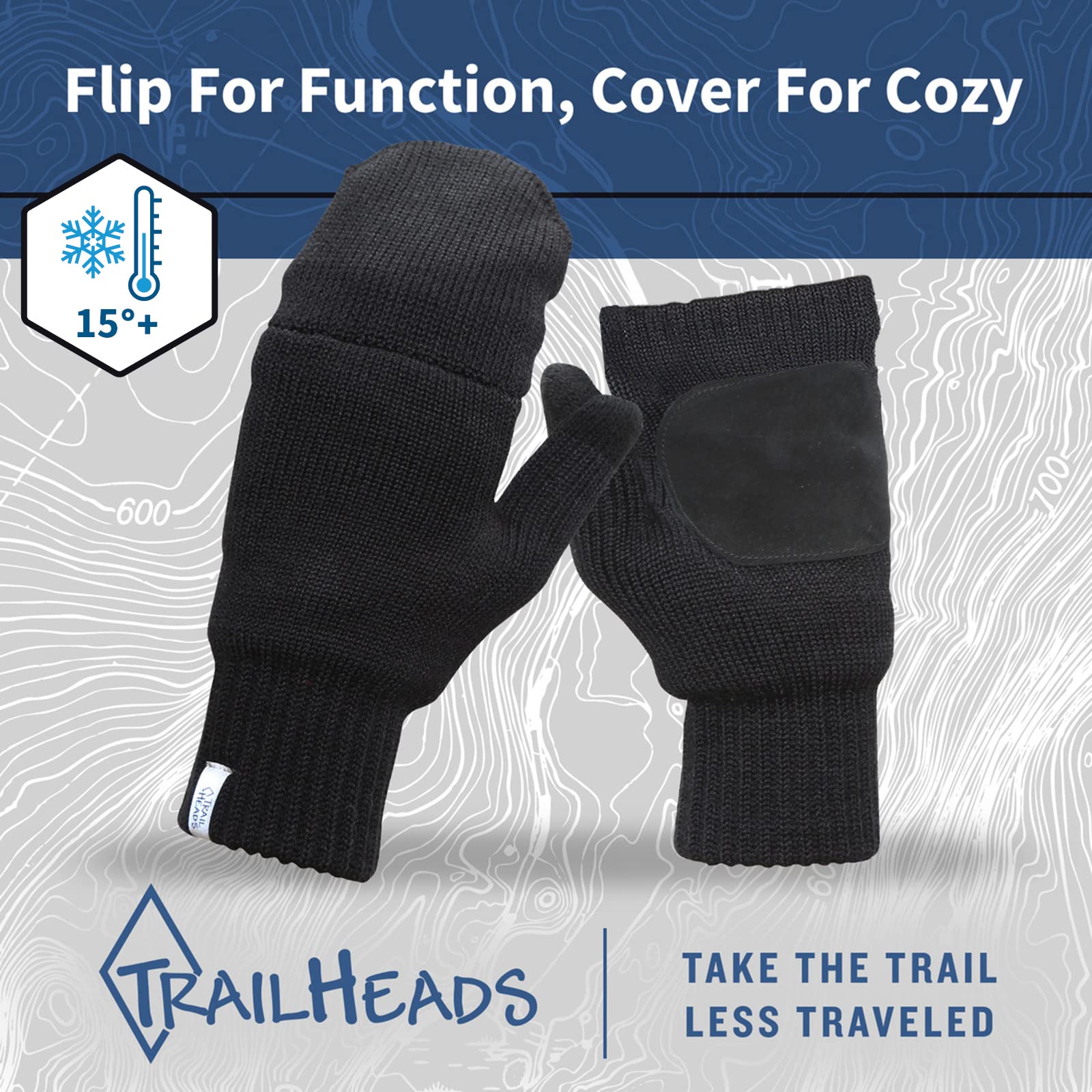 TrailHeads Women’s Fingerless Gloves | Merino Knit Convertible Mittens - black (medium/large)