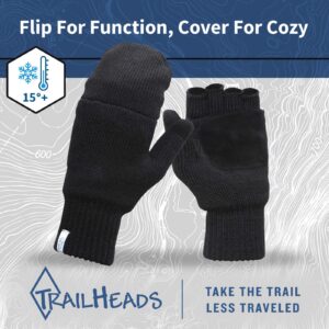 TrailHeads Women’s Fingerless Gloves | Merino Knit Convertible Mittens - black (medium/large)