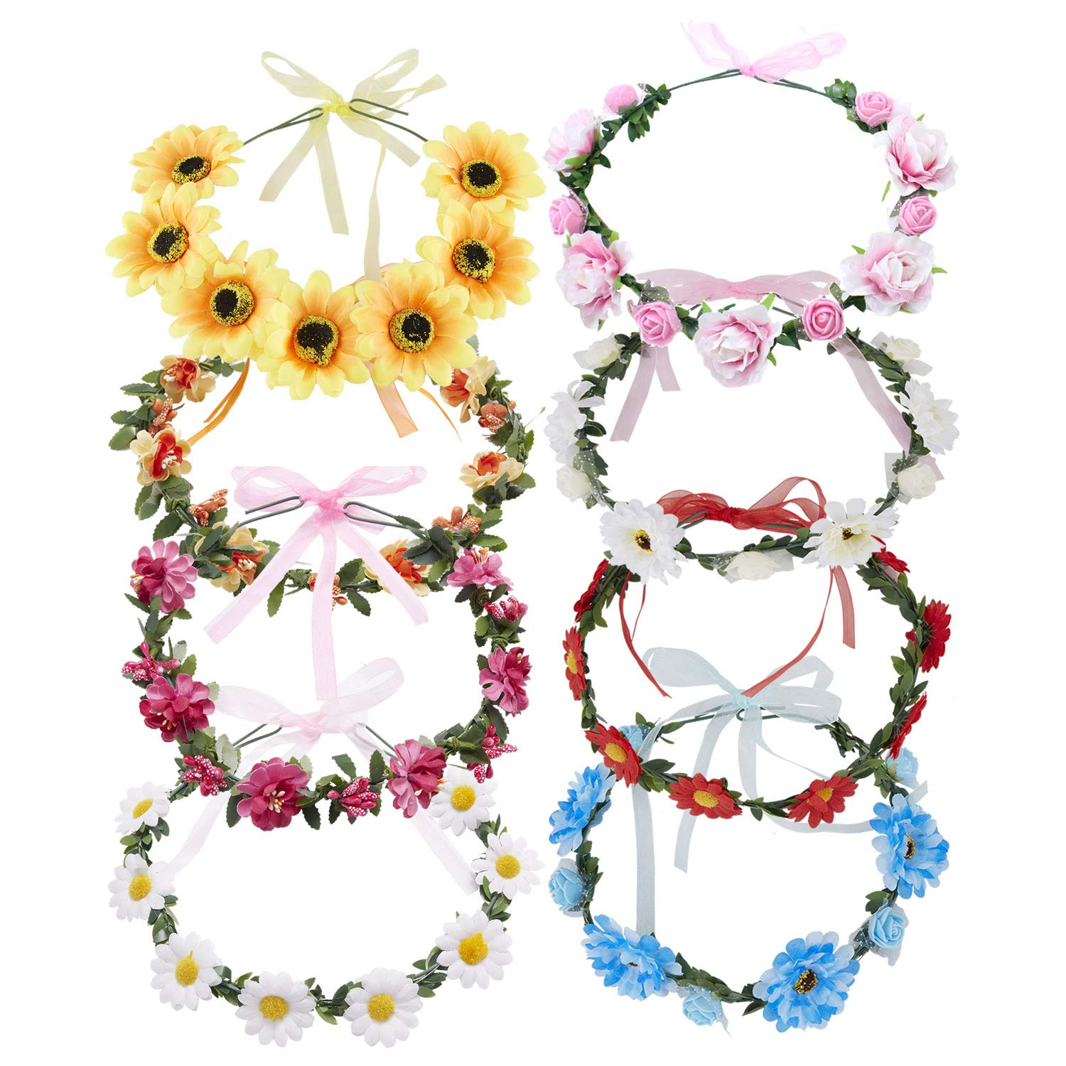 Lawie 8 Pack Boho Flower Crowns Floral Wreath With Ribbon Halo Headbands Garland Wedding Bridal Bridesmaid Headpiece Tiara Sunflower Daisy Rose Hairbands Hawaiian Party Accessories for Kids Women Girl