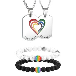 aroncent 4pcs gay pride lesbian lgbtq couples rainbow jewelry set,white turquoise & carnelian bead bracelet, stainless steel rainbow necklace heart matching charm couple necklace