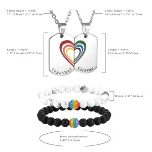 Aroncent 4pcs Gay Pride Lesbian LGBTQ Couples Rainbow Jewelry Set,White Turquoise & Carnelian Bead Bracelet, Stainless Steel Rainbow Necklace Heart Matching Charm Couple Necklace