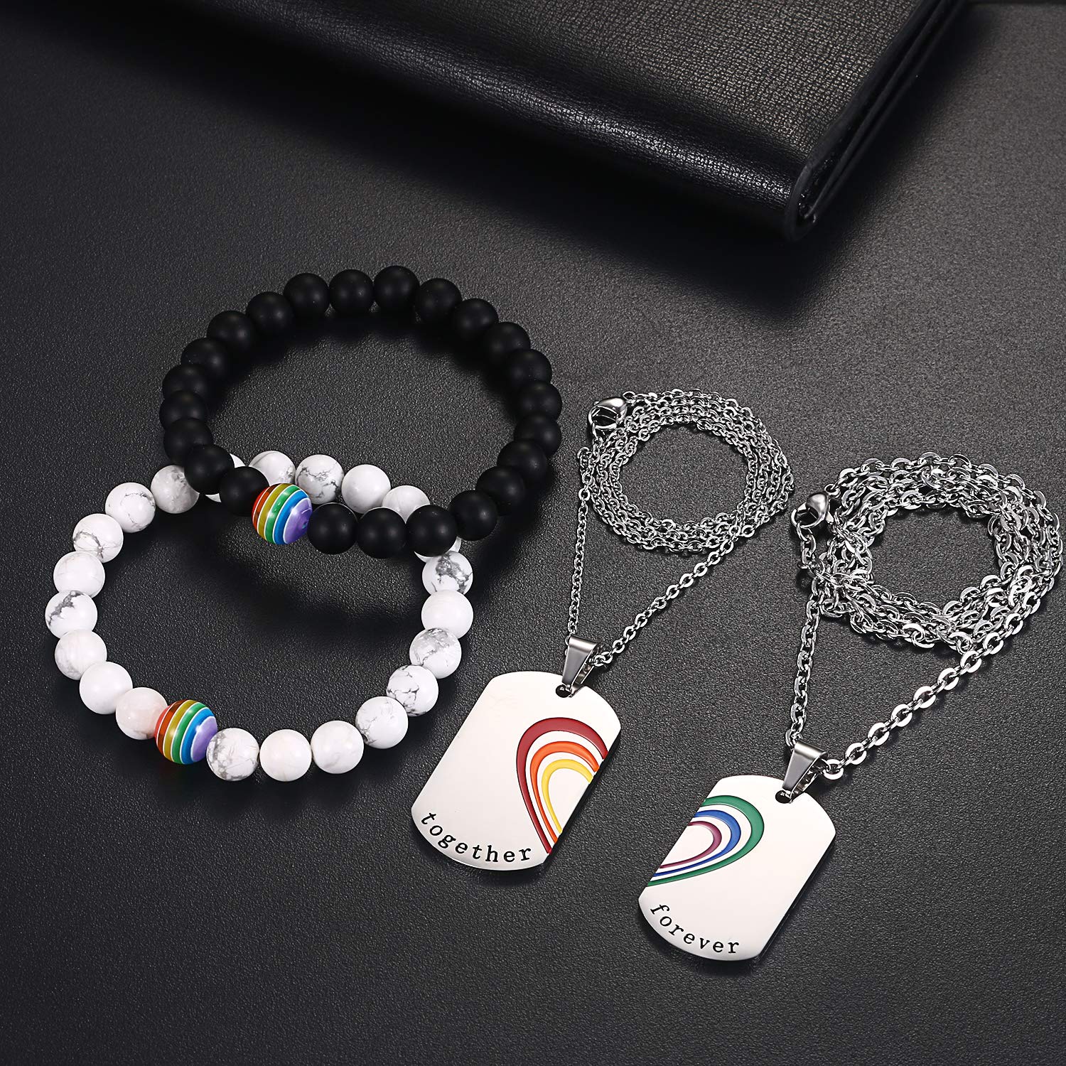 Aroncent 4pcs Gay Pride Lesbian LGBTQ Couples Rainbow Jewelry Set,White Turquoise & Carnelian Bead Bracelet, Stainless Steel Rainbow Necklace Heart Matching Charm Couple Necklace