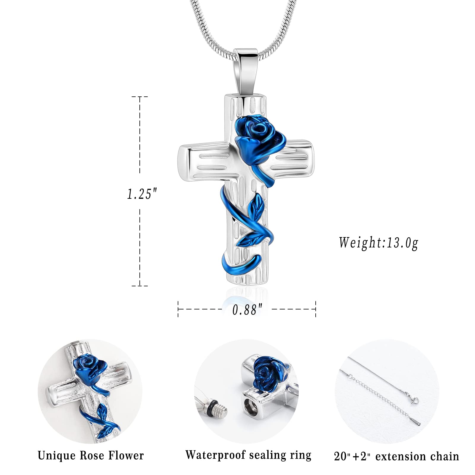 Urn Necklace for Ashes Rose Flower Cross Cremation Jewelry Pendant for Human/Pet Funeral Keepsake Memorial Necklace(Blue)