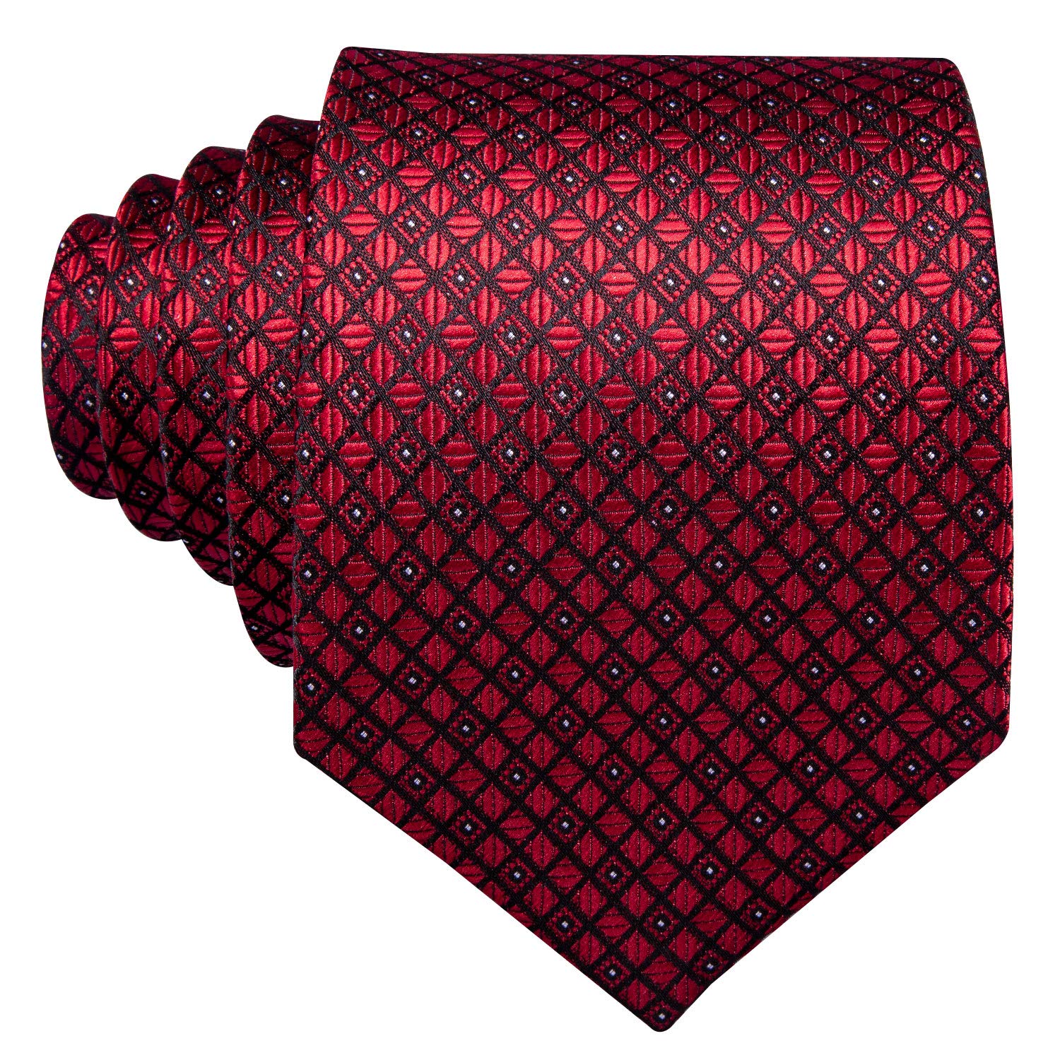 YOHOWA Men Tie Clip Set Plaid Burgundy Silk Necktie Pocket Square Cufflinks Formal Business Wedding Party