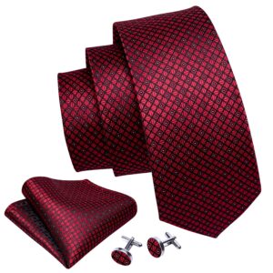 YOHOWA Men Tie Clip Set Plaid Burgundy Silk Necktie Pocket Square Cufflinks Formal Business Wedding Party