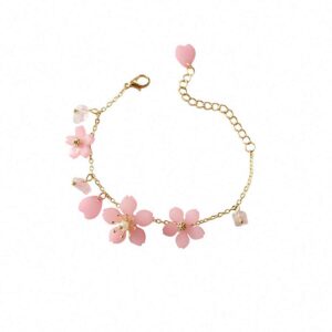 barsly flower bracelet with pink cherry blossom green pearl small and fresh and heartly sweet bracelet gold-color