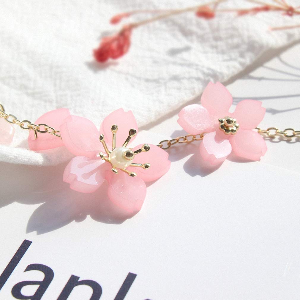 Barsly Flower Bracelet with Pink Cherry Blossom Green Pearl Small and Fresh and Heartly Sweet Bracelet Gold-Color