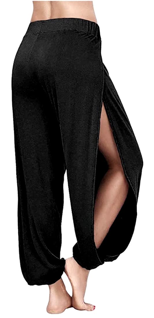 ARJOSA Women's Side Slit Harem Yoga Pants Split Wide Leg Lounge Beach Pants Pajama Bottoms (Medium, Black)