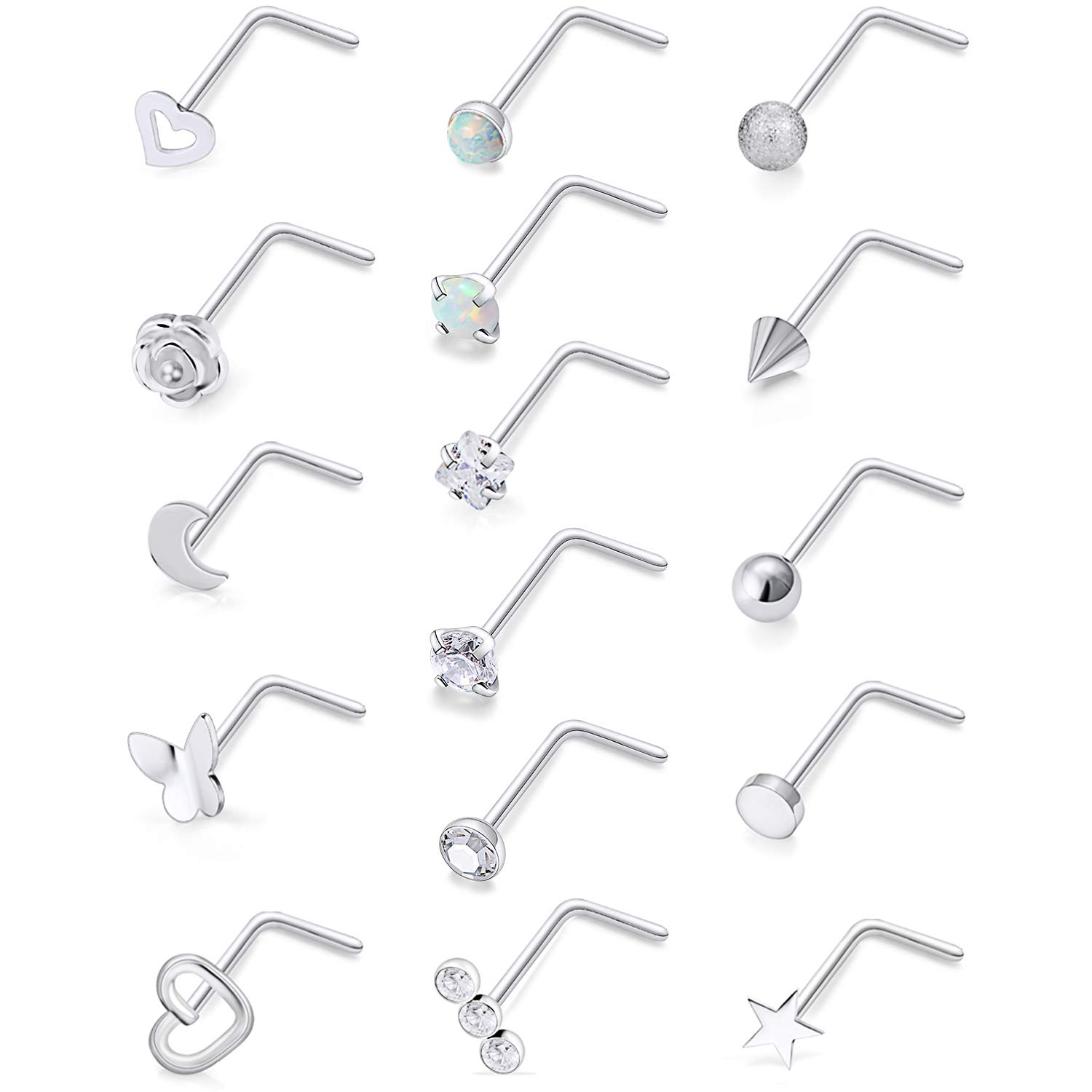 Hoeudjo Nose Rings 20G CZ/Opal/Heart/Moon/Flower/Flat/Star/Ball Top Nose Stud L-Shaped Surgical Steel Nose Piercing Jewelry for Women Men Set 16 Pieces Silver-tone