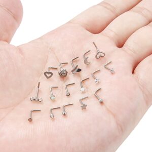 Hoeudjo Nose Rings 20G CZ/Opal/Heart/Moon/Flower/Flat/Star/Ball Top Nose Stud L-Shaped Surgical Steel Nose Piercing Jewelry for Women Men Set 16 Pieces Silver-tone