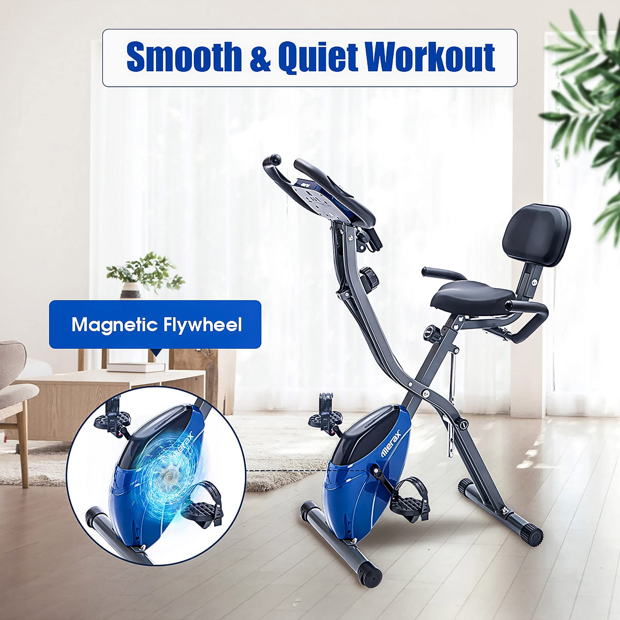 Merax 3 in 1 Adjustable Folding Exercise Bike Convertible Magnetic Upright Recumbent Bike with Arm Bands (Blue&Gray)