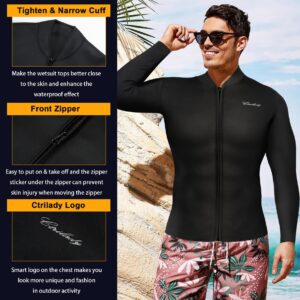 CtriLady Men's Best Neoprene Wetsuit Jacket Front Zipper Long Sleeves Workout Tank Top for Swimming Snorkeling Surfing (Black, 3XL)