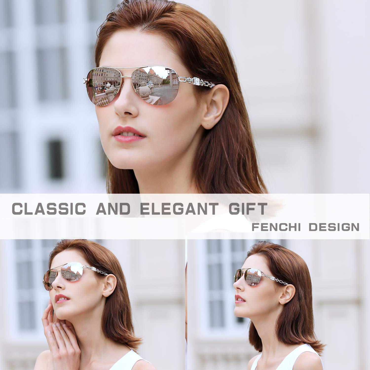 FENCHI Classic Aviator Sunglasses for Women Mirrored Lens Chain Arms Half Rim Metal Frame Sun Glasses UV 400 Protection 60mm