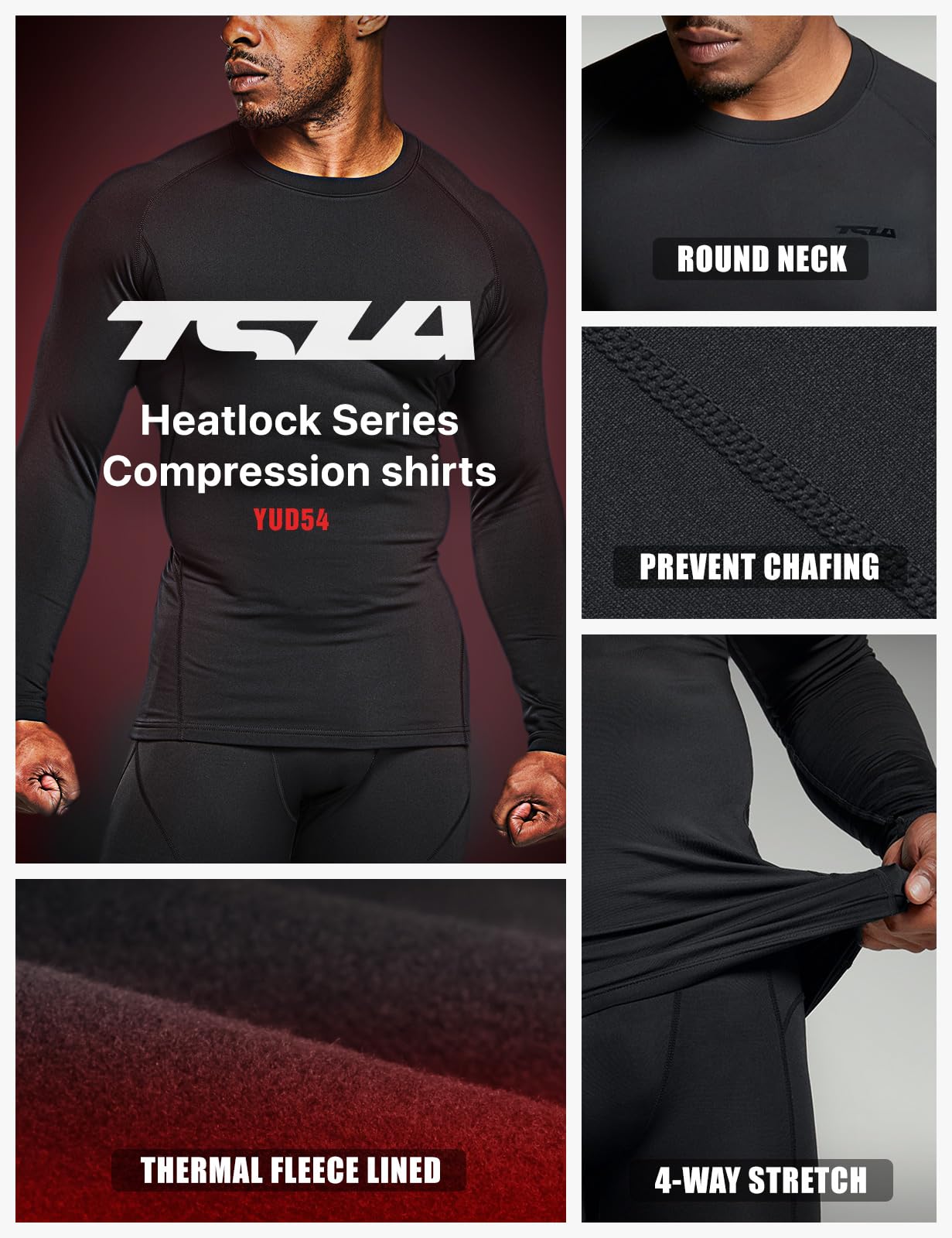 TSLA Men's Thermal Long Sleeve Compression Shirts, Athletic Base Layer Top, Winter Gear Running T-Shirt, Heatlock Round Neck Black, Medium