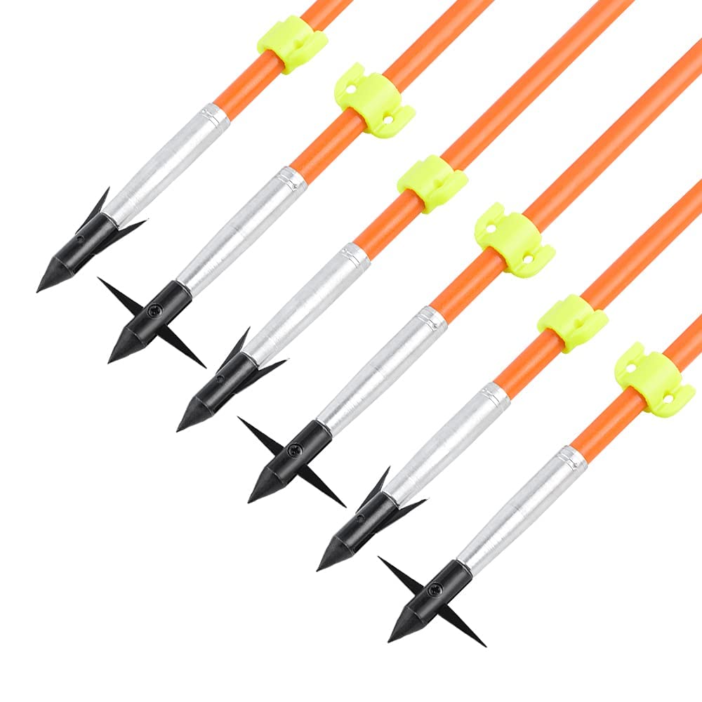 AMEYXGS Bowfishing Arrow Hunting Solid Fiberglas Shaft with Broadheads Tip and Safty Slides for Compound Recurve Bow (Type 1, 6)