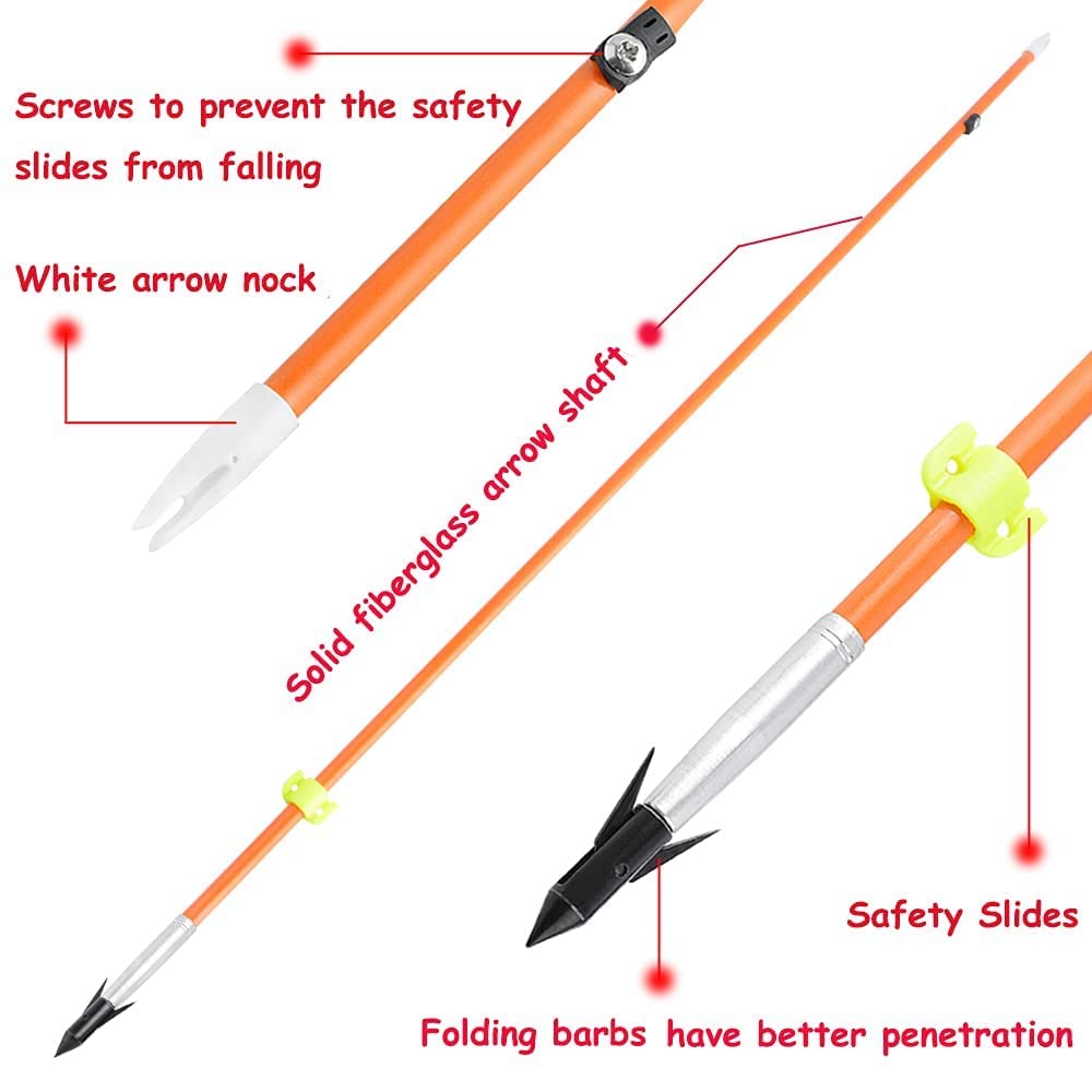 AMEYXGS Bowfishing Arrow Hunting Solid Fiberglas Shaft with Broadheads Tip and Safty Slides for Compound Recurve Bow (Type 1, 6)