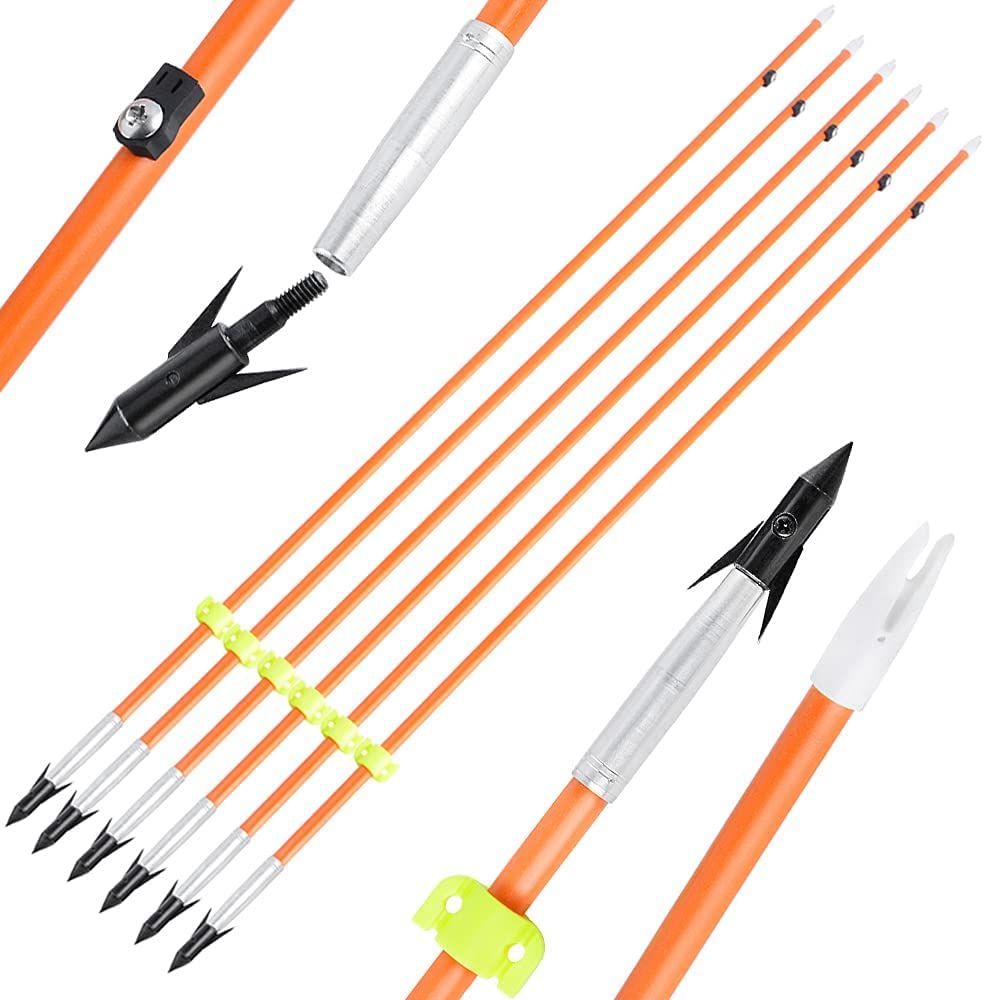 AMEYXGS Bowfishing Arrow Hunting Solid Fiberglas Shaft with Broadheads Tip and Safty Slides for Compound Recurve Bow (Type 1, 6)