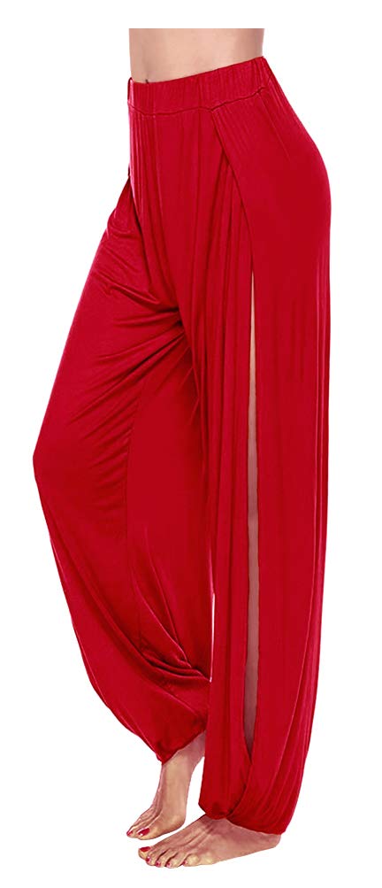 ARJOSA Women's Side Slit Harem Yoga Pants Split Wide Leg Lounge Beach Pants Pajama Bottoms (Large, Red)