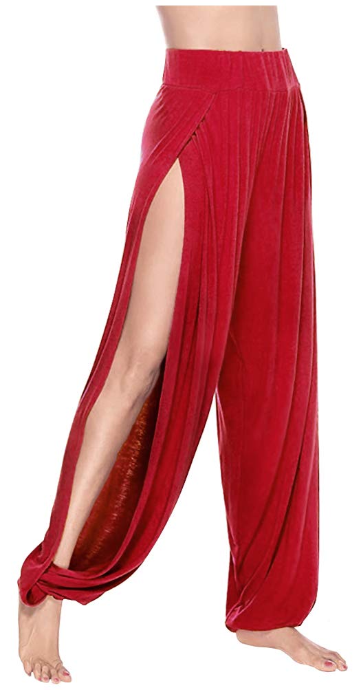 ARJOSA Women's Side Slit Harem Yoga Pants Split Wide Leg Lounge Beach Pants Pajama Bottoms (Large, Red)