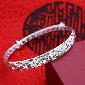 Wenbin Elegant Lady 925 Sterling Silver Engraved Bangle Scrub Bracelet Starry Bracelet Adjustable Bracelet Jewelry