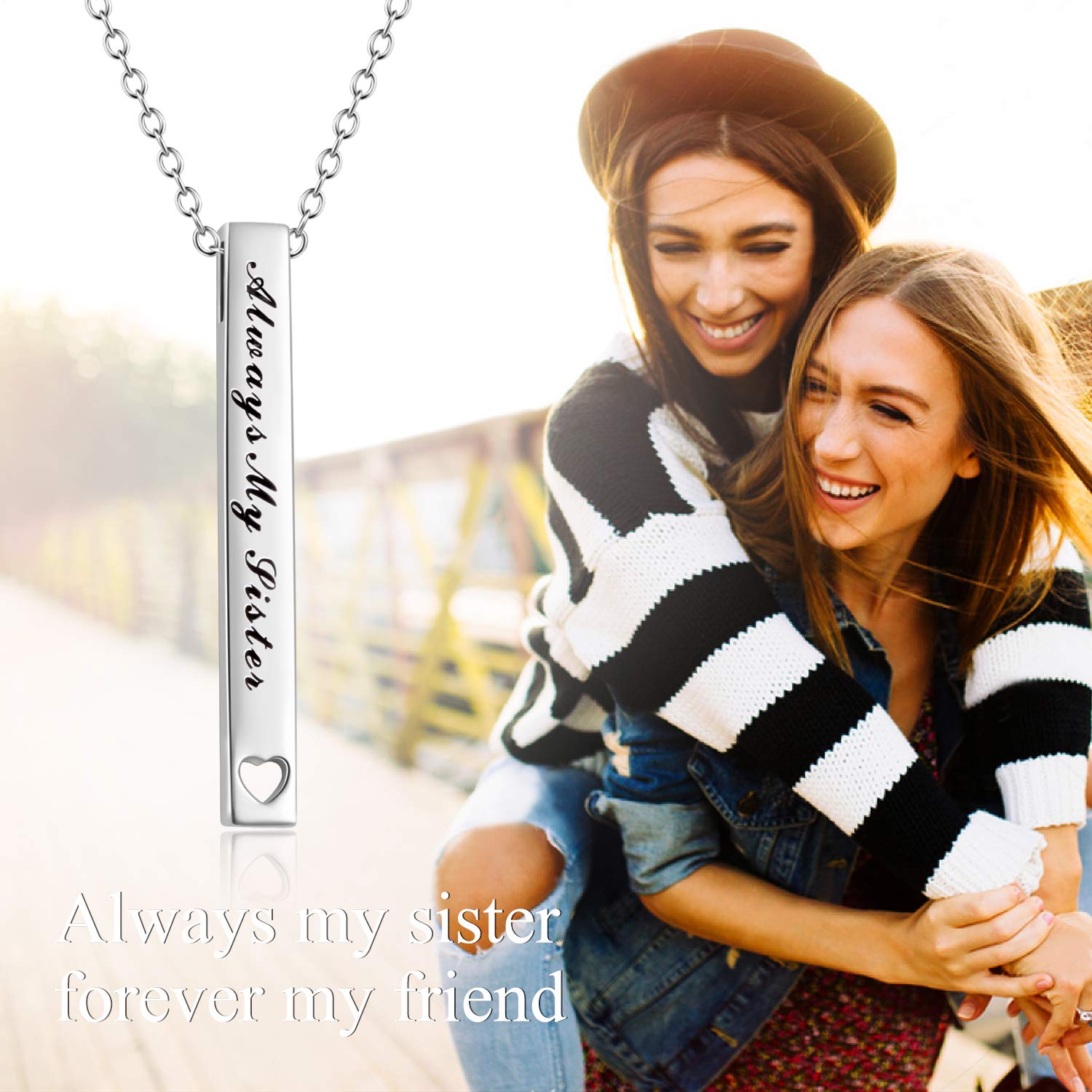 AXELUNA Sister Gifts from Sister, Sterling Silver Always My Sister Forever My Friend Bar Pendant Necklace Jewelry, Birthday Gifts for Sisters