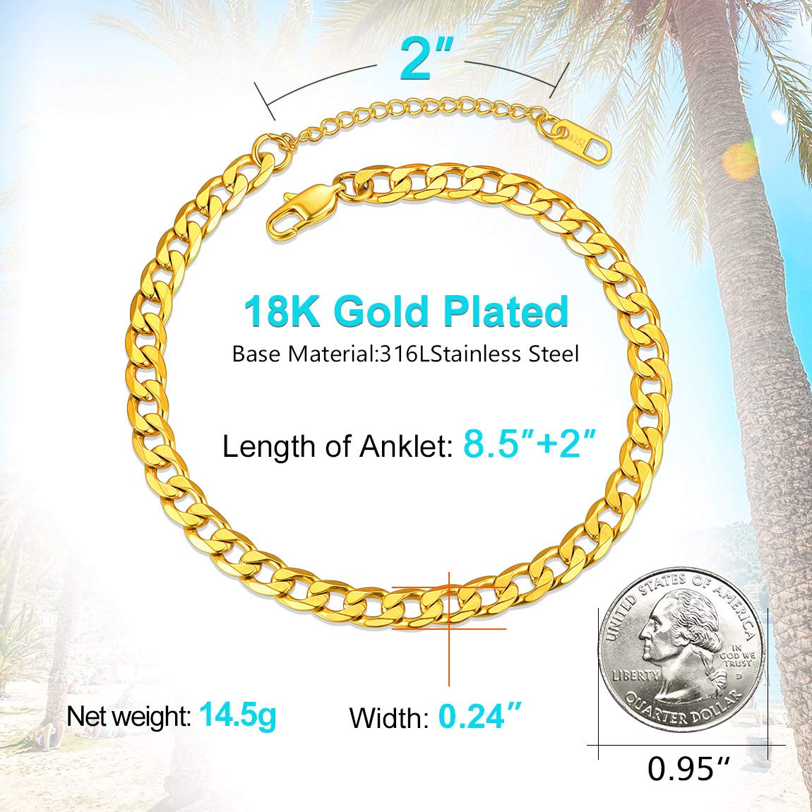 Ankle Bracelets for Women Anklet Gold Plated Mens Ankle Chain Summer Beach Foot Chain Cuban Link Anklets