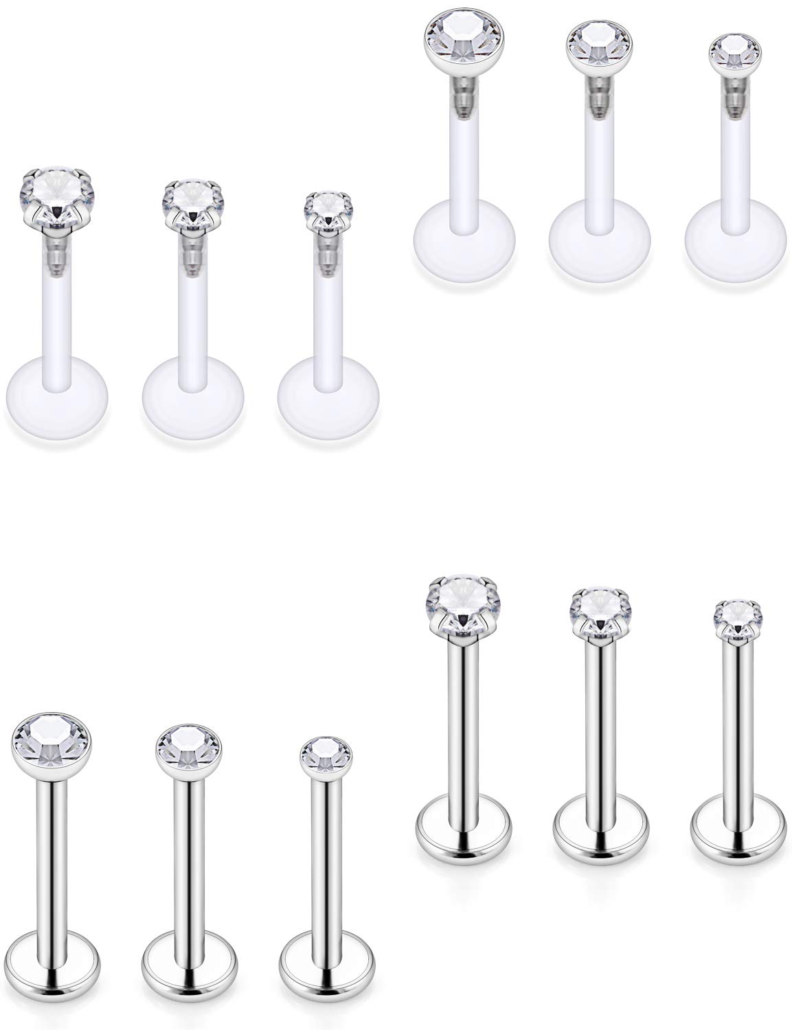 Hoeudjo 12Pcs 16G Forward Helix Earring Surgical Steel Cartilage Conch Tragus Earrings Studs Internal Threaded Clear Diamond CZ Labret Monroe Lip Ring Barbell Piercing Jewelry for Women Men 6MM