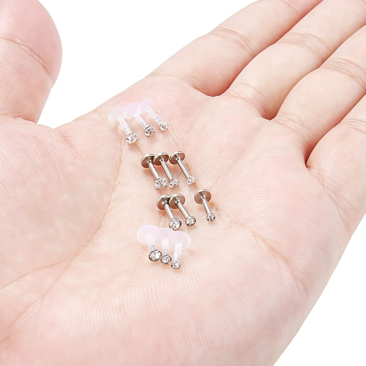 Hoeudjo 12Pcs 16G Forward Helix Earring Surgical Steel Cartilage Conch Tragus Earrings Studs Internal Threaded Clear Diamond CZ Labret Monroe Lip Ring Barbell Piercing Jewelry for Women Men 6MM