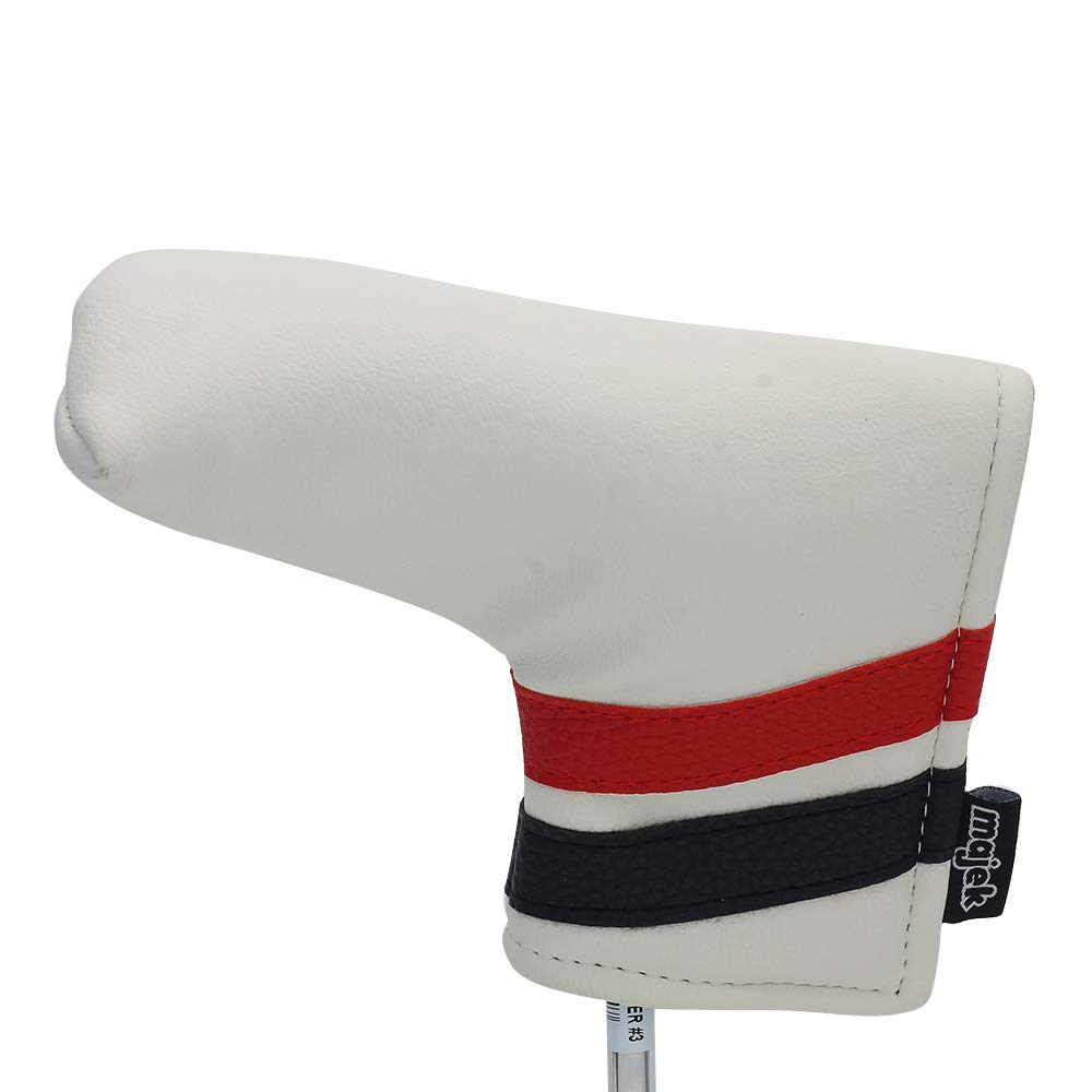 Majek Golf Retro Putter Blade Style (White with Black and Red Stripes) Headcover. Limited Edition Vintage Leather Style