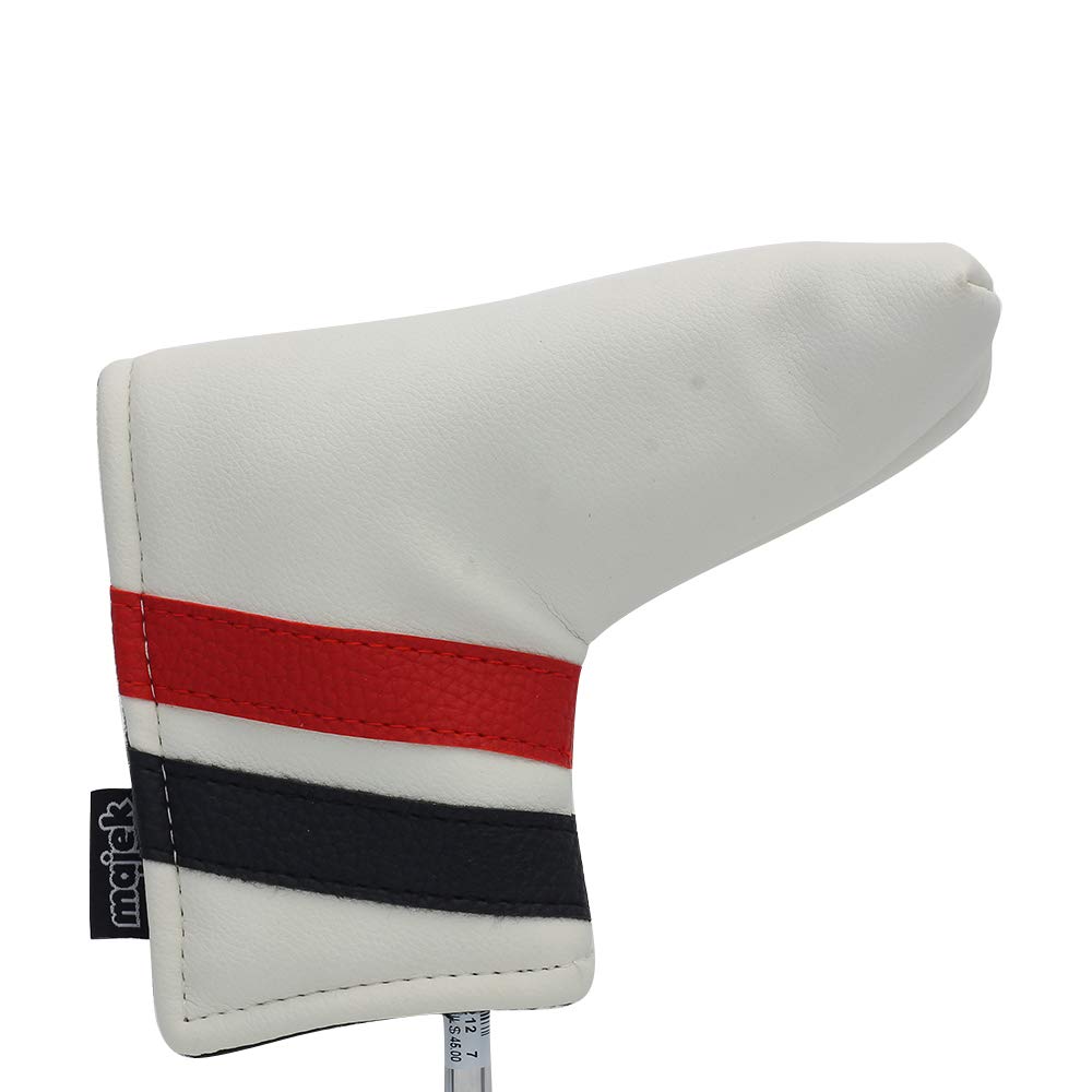 Majek Golf Retro Putter Blade Style (White with Black and Red Stripes) Headcover. Limited Edition Vintage Leather Style