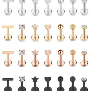 Masedy 16Pcs 16G 316L Stainless Steel CZ Labret Monroe Lip Rings Cartilage Helix Tragus Nose Piercing 6-8MM (C: 28Pcs 6MM)