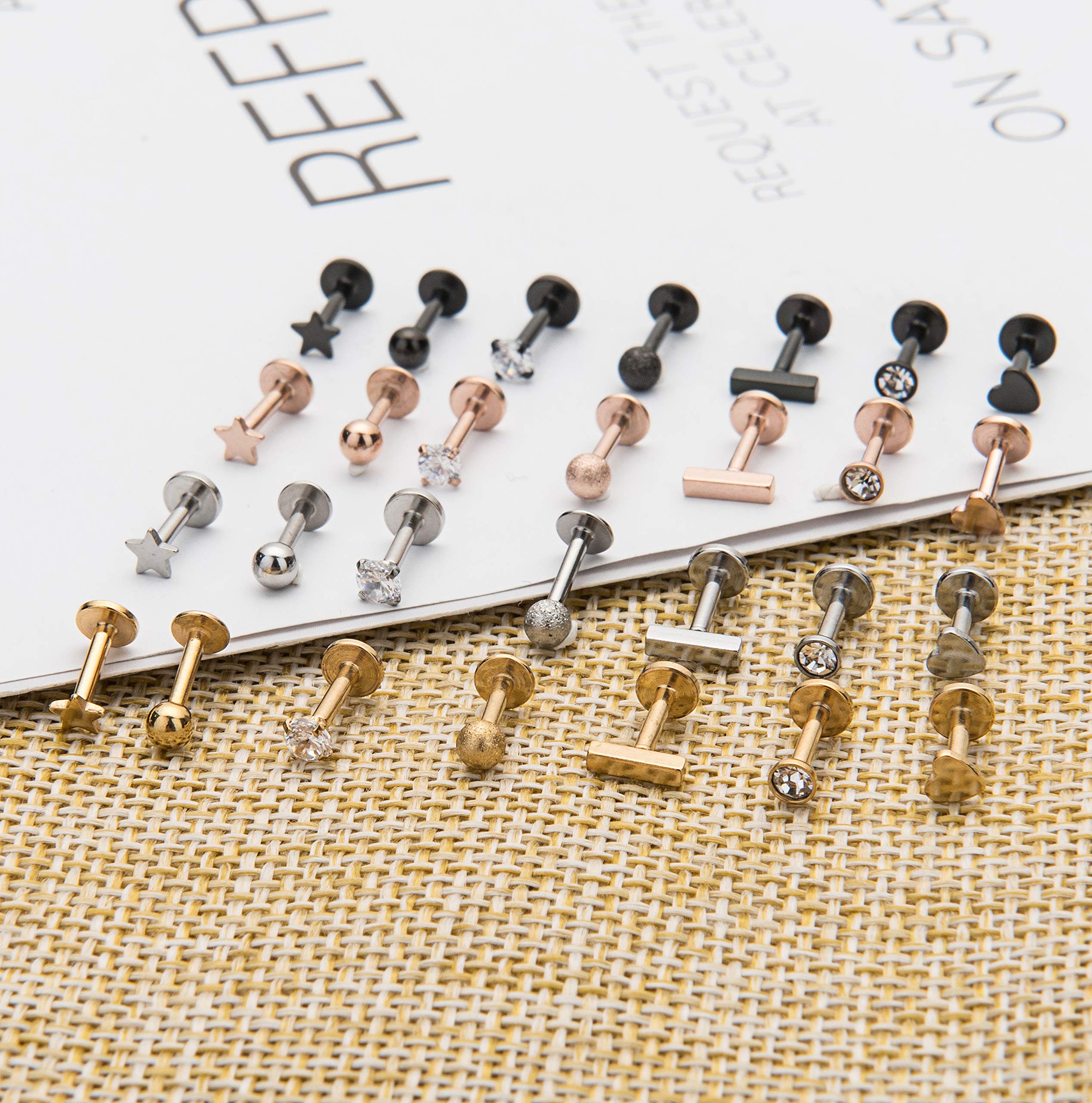 Masedy 16Pcs 16G 316L Stainless Steel CZ Labret Monroe Lip Rings Cartilage Helix Tragus Nose Piercing 6-8MM (C: 28Pcs 6MM)