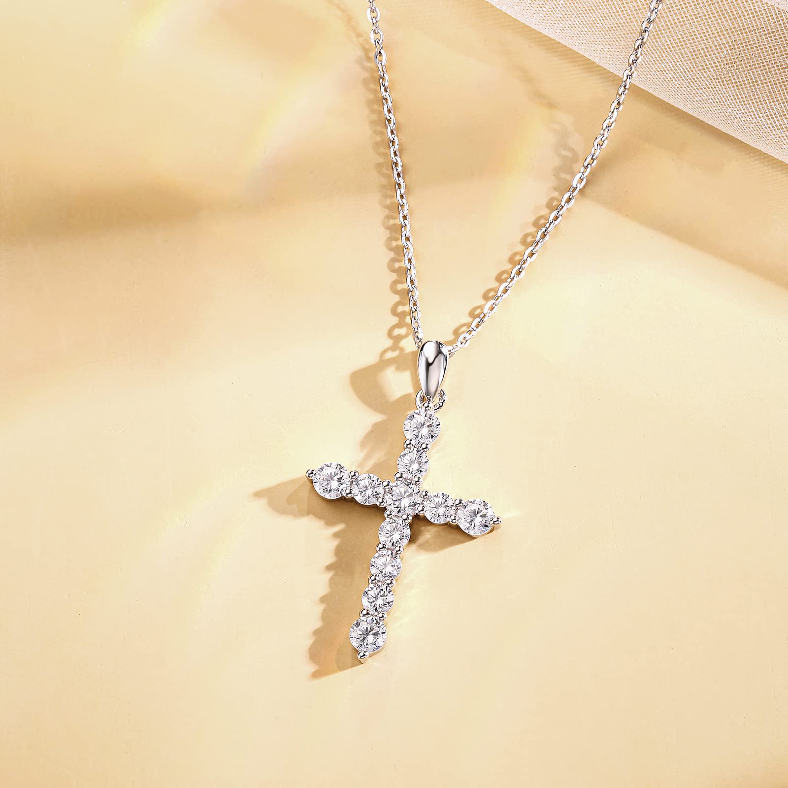 Cross Necklace For Women Sterling Silver 3 Prong Setting Cubic Zirconia CZ Simulated Diamond Latin Cross Pendant Necklace for Women with 18 Inch Sterling Silver Chain