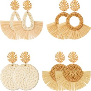 meekoo 4 pairs rattan earrings for women beach essentials tassel dangle boho straw earrings(novel)