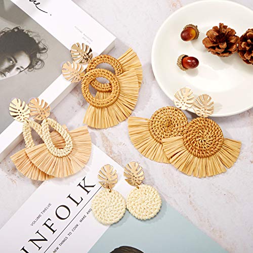 meekoo 4 Pairs Rattan Earrings for Women Beach Essentials Tassel Dangle Boho Straw Earrings(Novel)