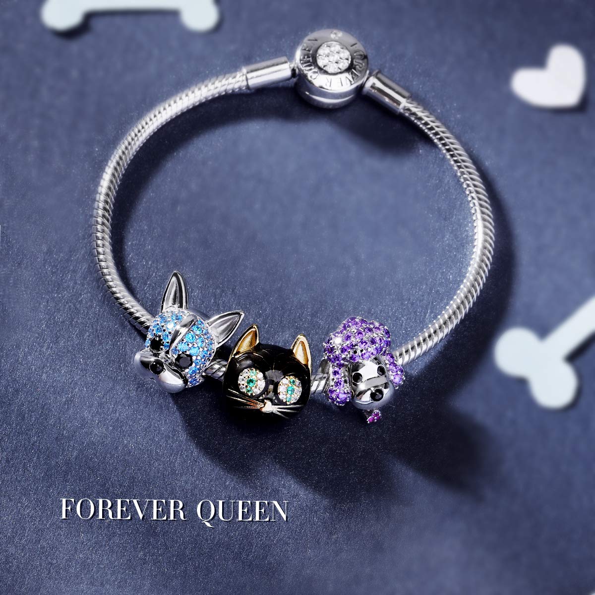 FOREVER QUEEN Black Cat Charm in 925 Sterling Silver with Black Enamel& 5A Zircon for Bracelet Necklace, Animal Head Bead Charm- Your Lucky Cat Women Men Boys Gifts